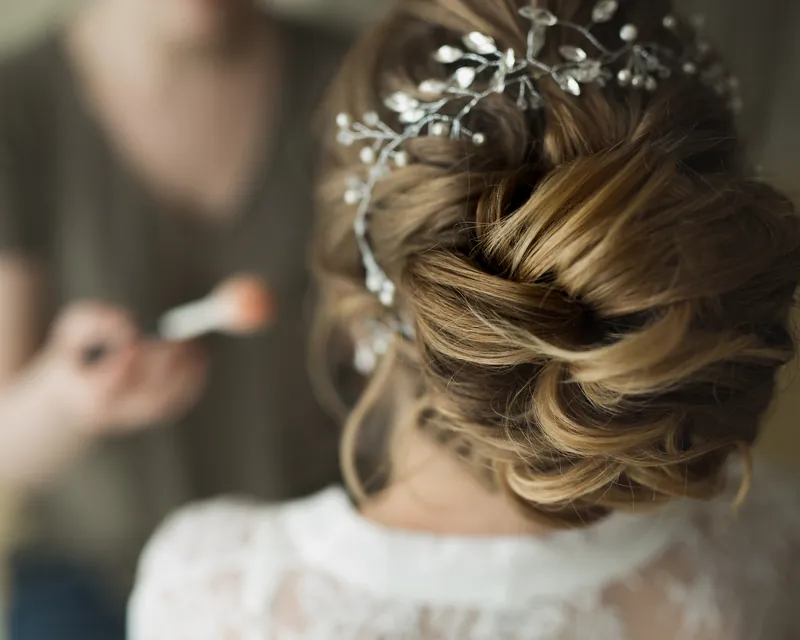 Braided bridal updo with fresh flowers, Cape Cod wedding hair stylist